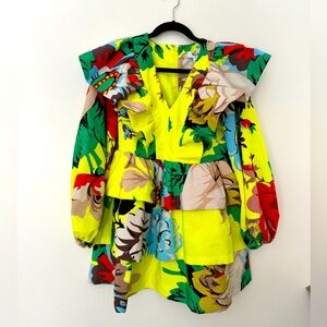 Christopher John Rogers Tropical Floral‎ Long Sleeve Ruffle Dress Size 2